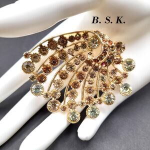 B. S. K. Mid-Century Modern Brooch, Jonquil Topaz Rhinestones, 1950s Vintage